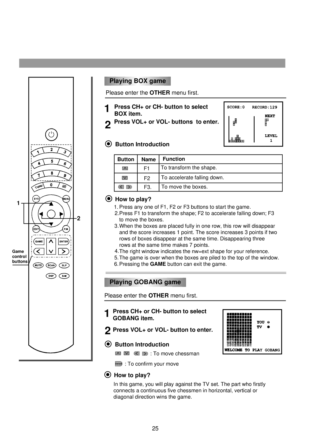 Palsonic 6825G owner manual Playing BOX game, Playing Gobang game, How to play? 