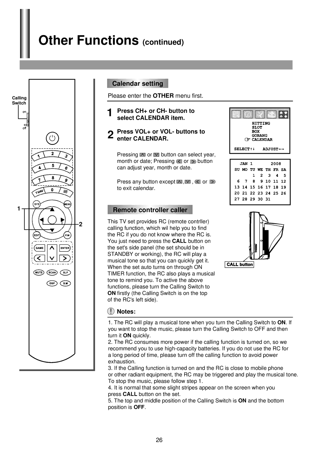 Palsonic 6825G owner manual Other Functions, Calendar setting, Remote controller caller 