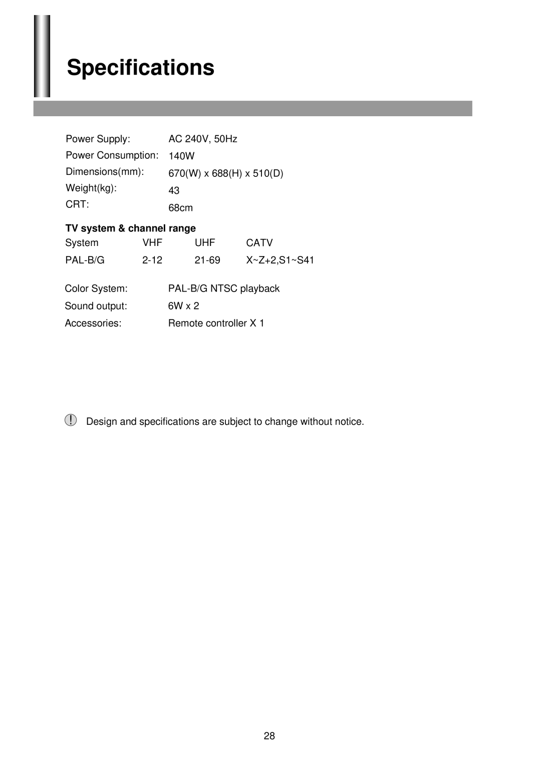 Palsonic 6825G owner manual Specifications, TV system & channel range 