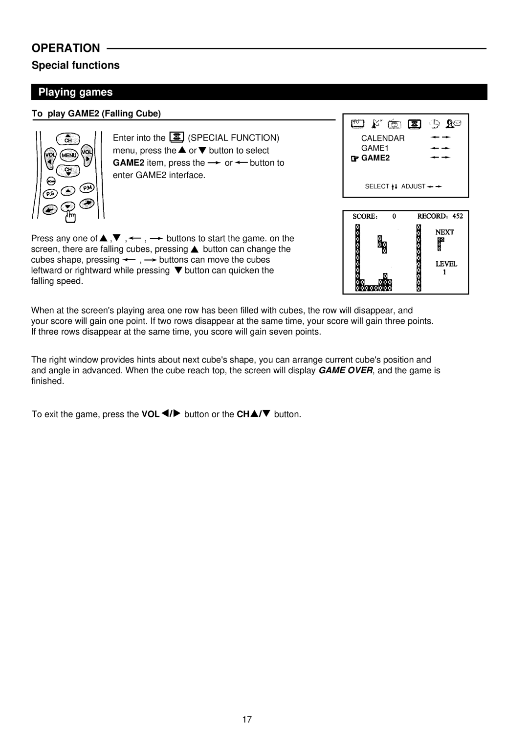 Palsonic 6826G owner manual To play GAME2 Falling Cube 