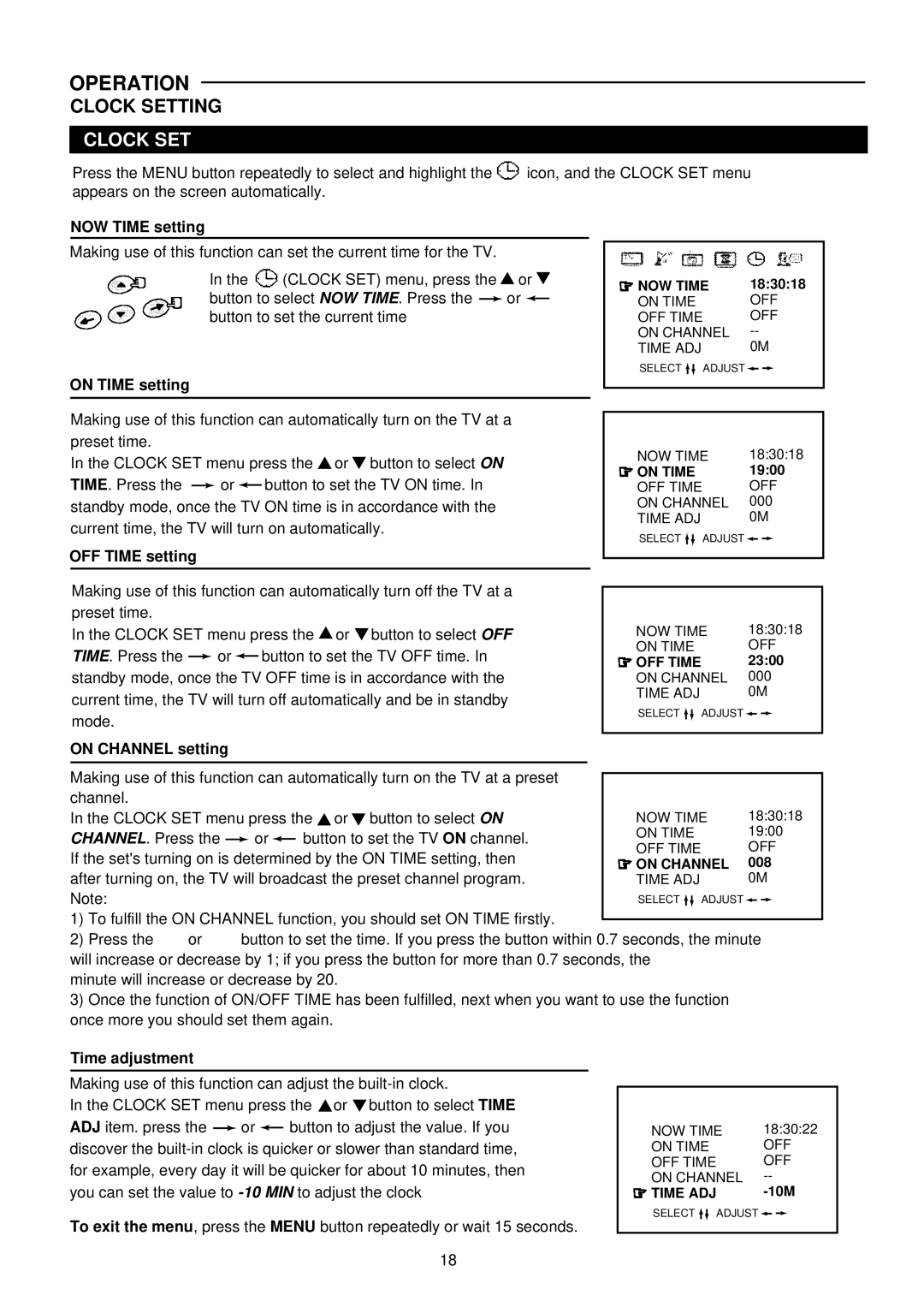 Palsonic 6826G owner manual NOW Time setting, On Time setting, OFF Time setting, On Channel setting, Time adjustment 