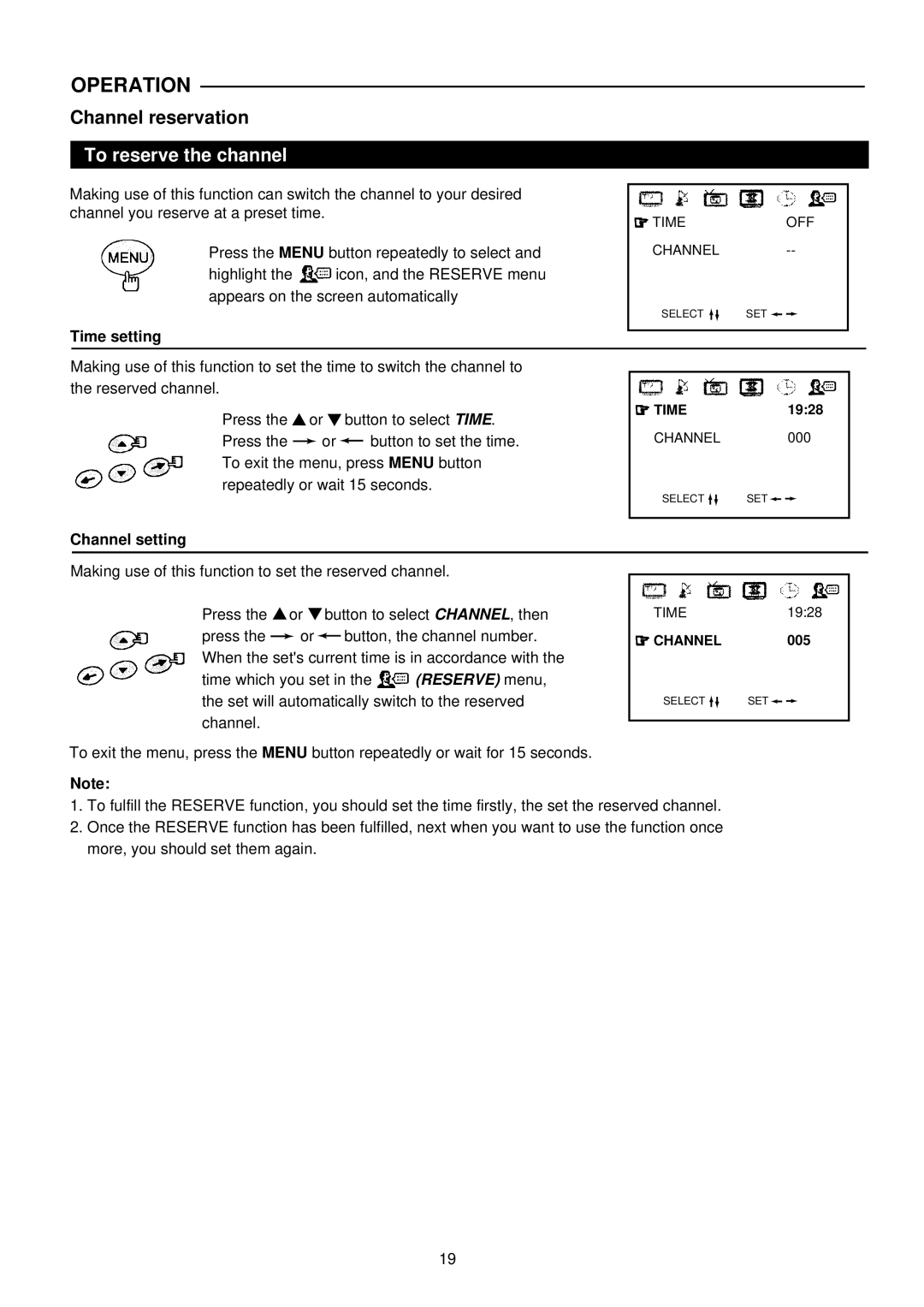 Palsonic 6826G owner manual To reserve the channel, Time setting, Channel setting 