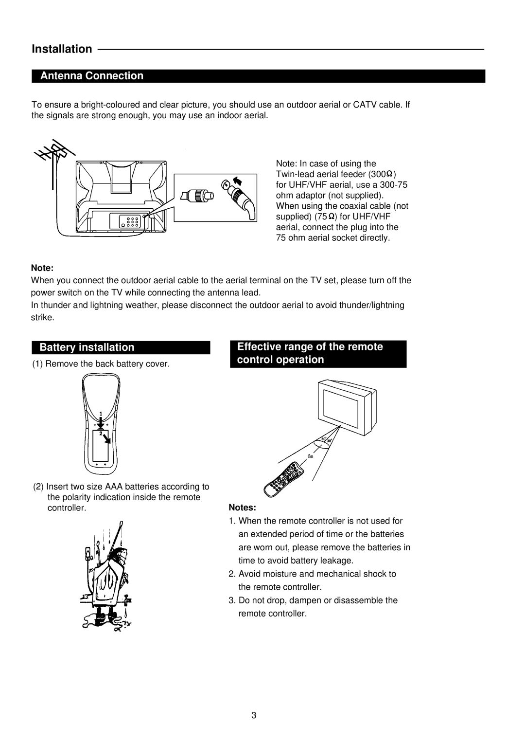 Palsonic 6826G owner manual Antenna Connection, Battery installation, Effective range of the remote control operation 