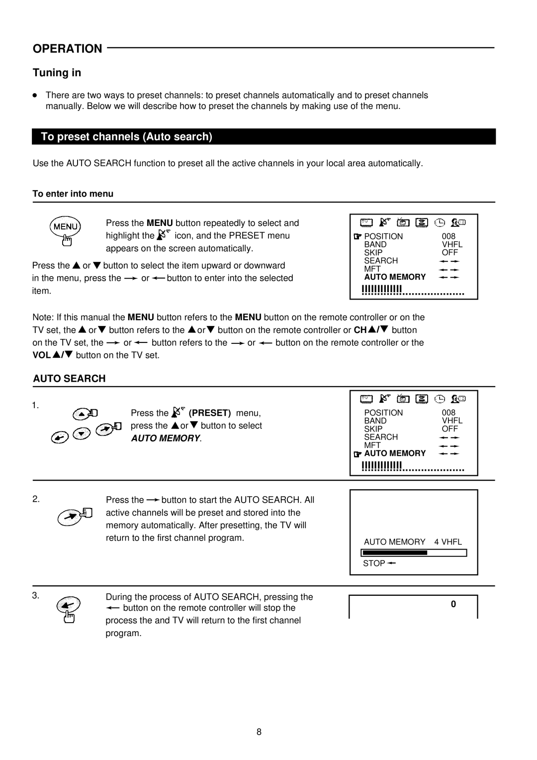 Palsonic 6827G owner manual To preset channels Auto search, To enter into menu 