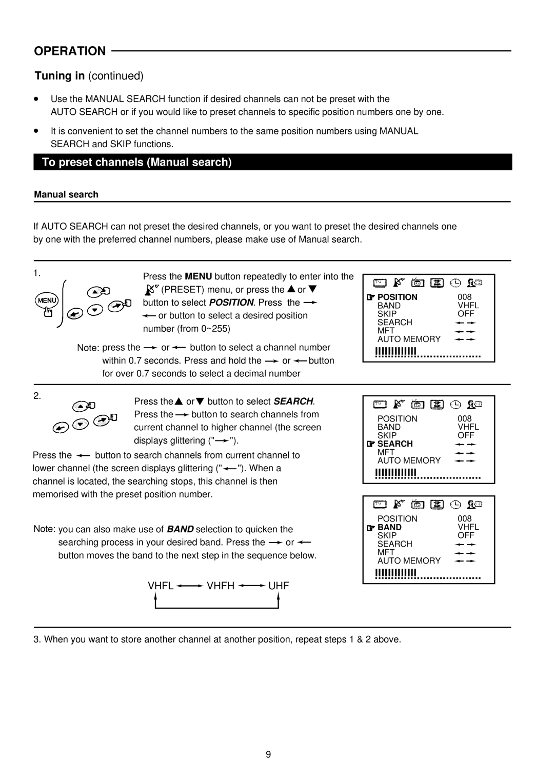 Palsonic 6827G owner manual To preset channels Manual search 