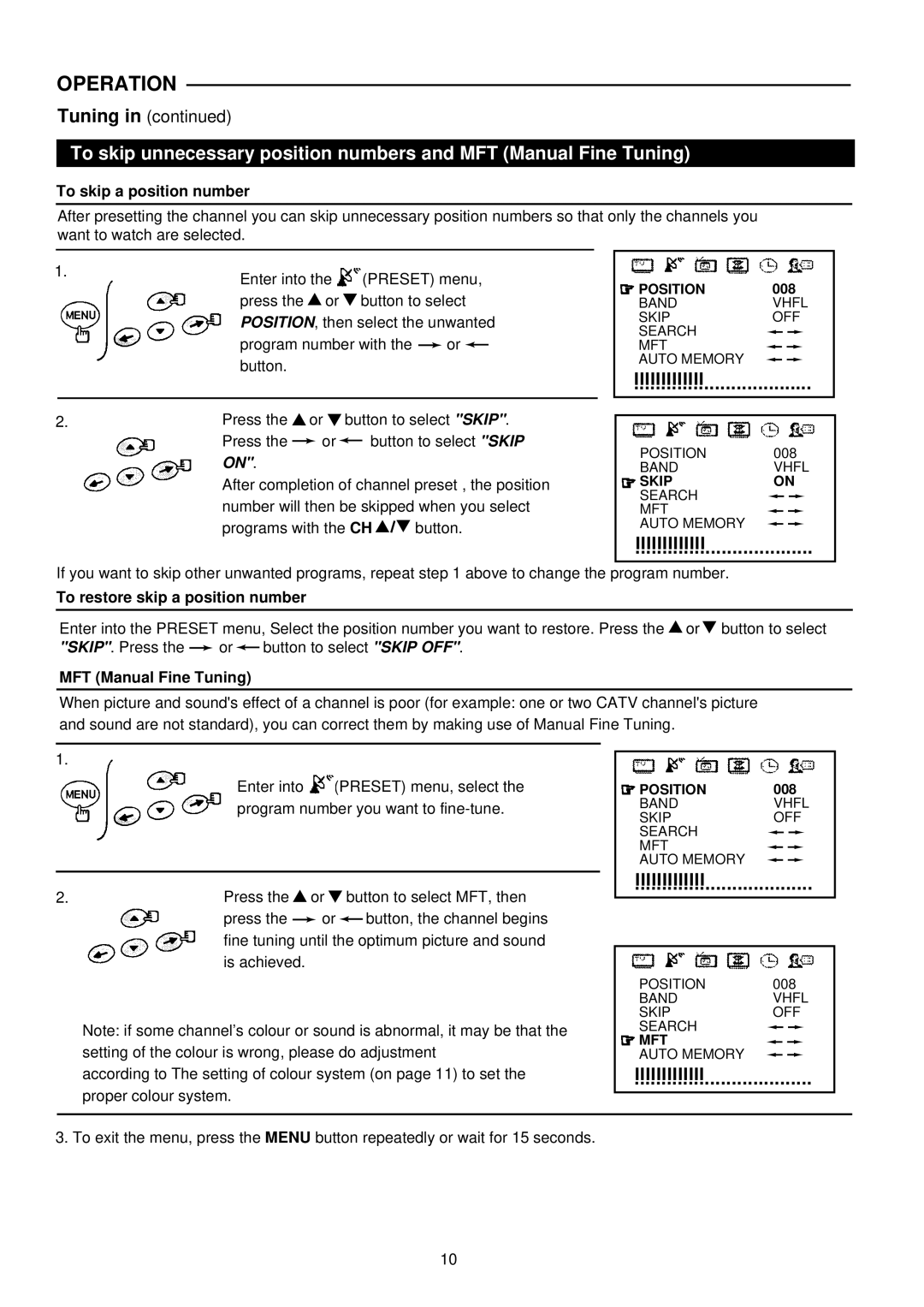 Palsonic 6827G owner manual To skip a position number, To restore skip a position number, MFT Manual Fine Tuning 