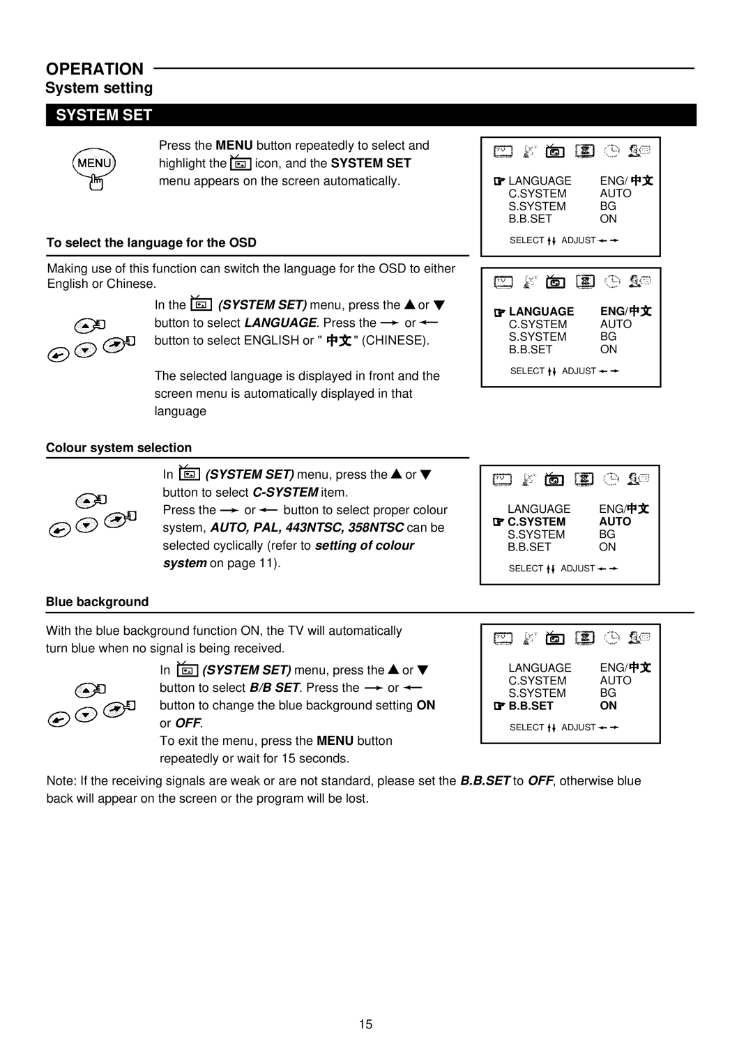 Palsonic 6827G owner manual To select the language for the OSD, Colour system selection, Blue background 