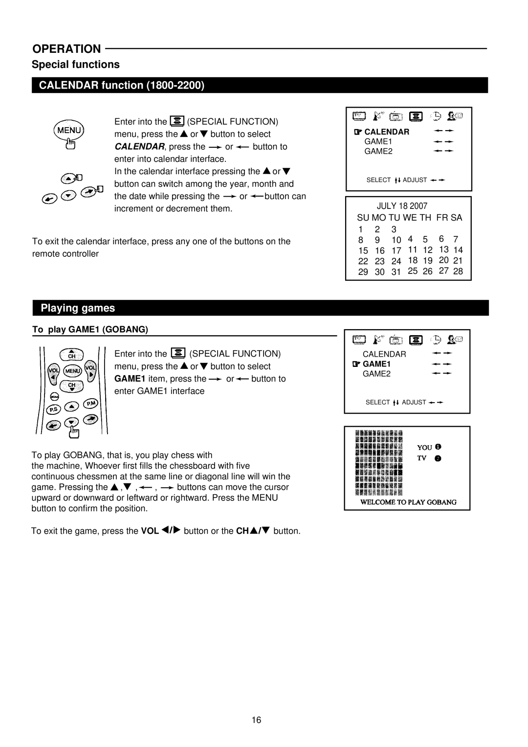 Palsonic 6827G owner manual Calendar function, Playing games, To play GAME1 Gobang 