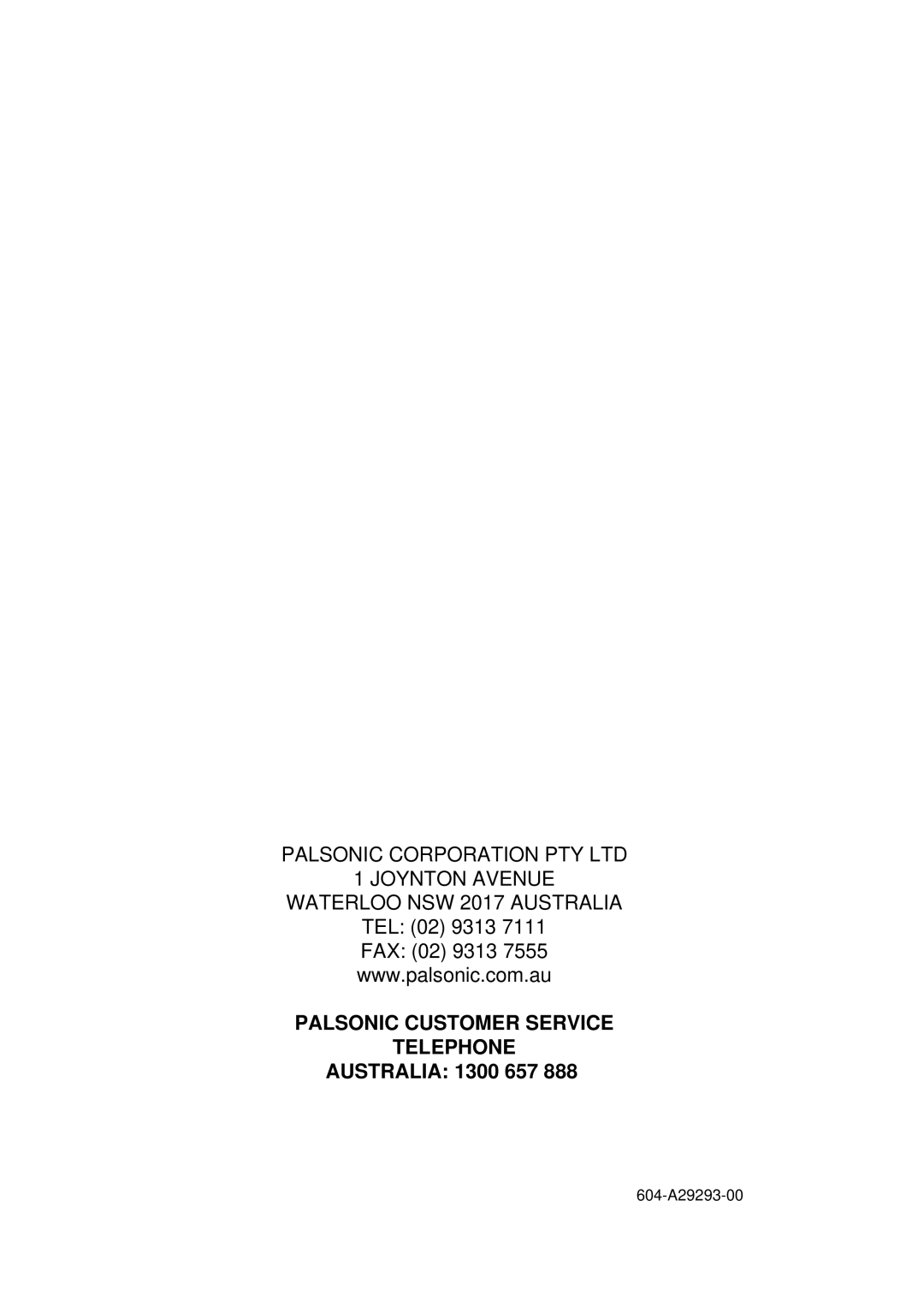 Palsonic 6827G owner manual 604-A29293-00 