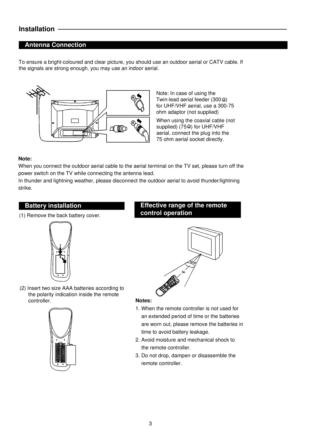 Palsonic 6827G owner manual Antenna Connection, Battery installation, Effective range of the remote control operation 