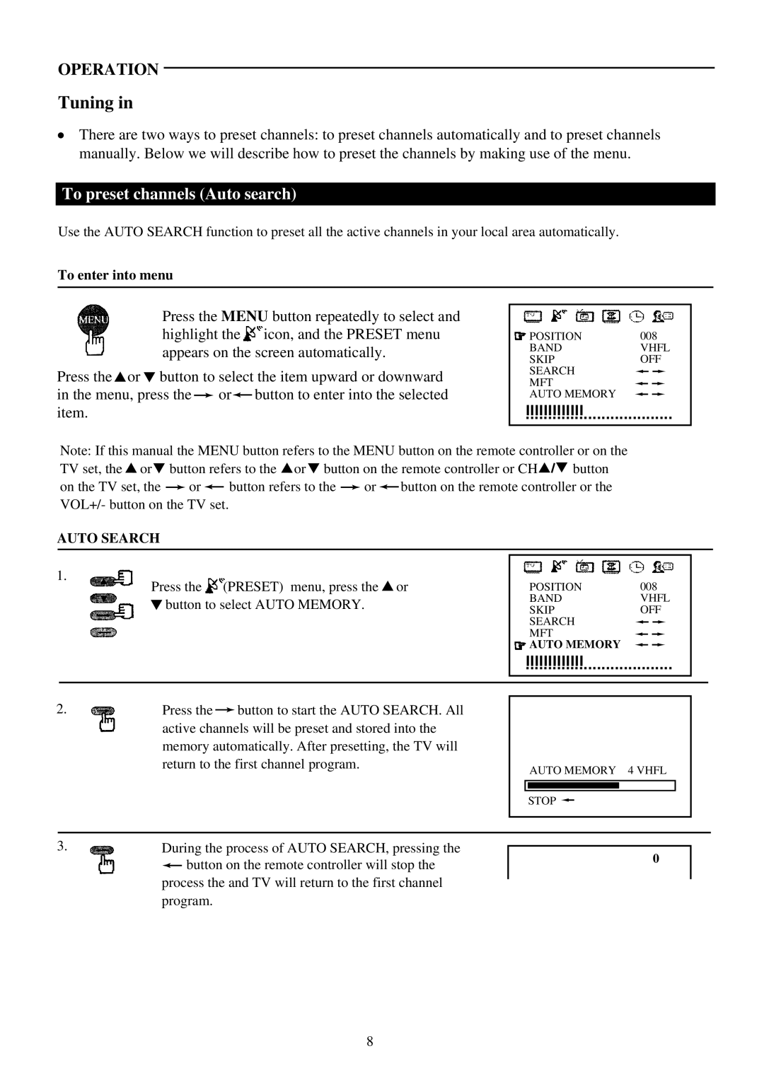 Palsonic 6828PFS owner manual Tuning, To preset channels Auto search, To enter into menu 