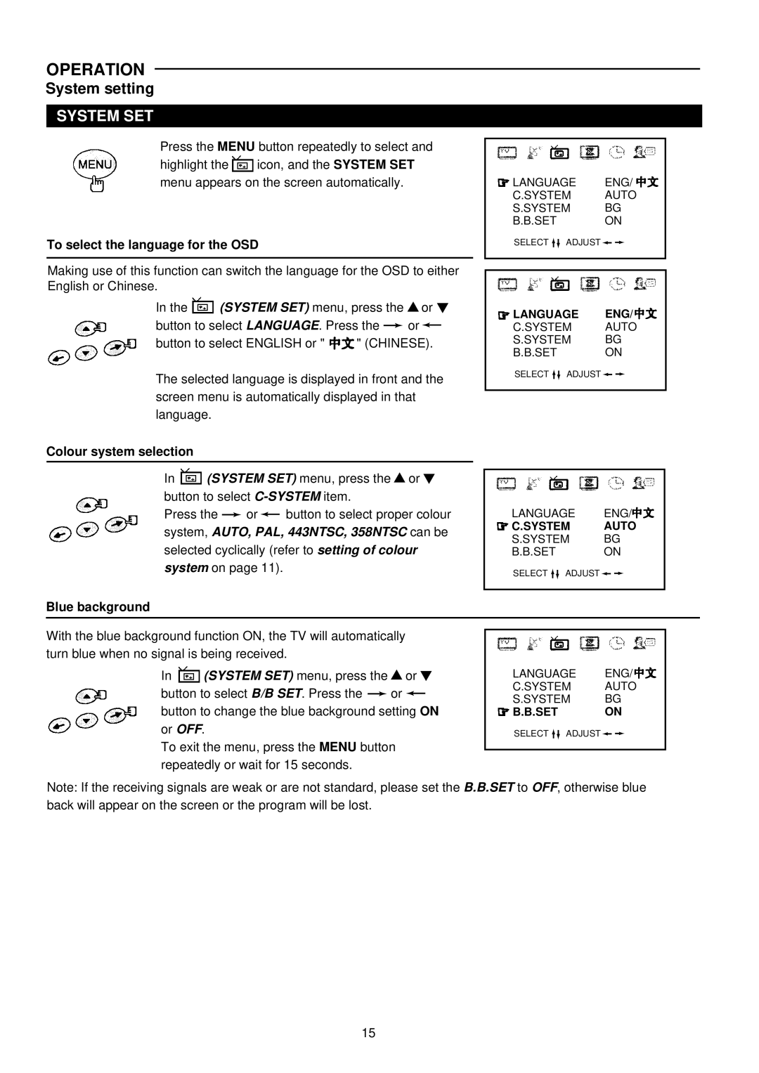 Palsonic 6830G owner manual To select the language for the OSD, Colour system selection, Blue background 