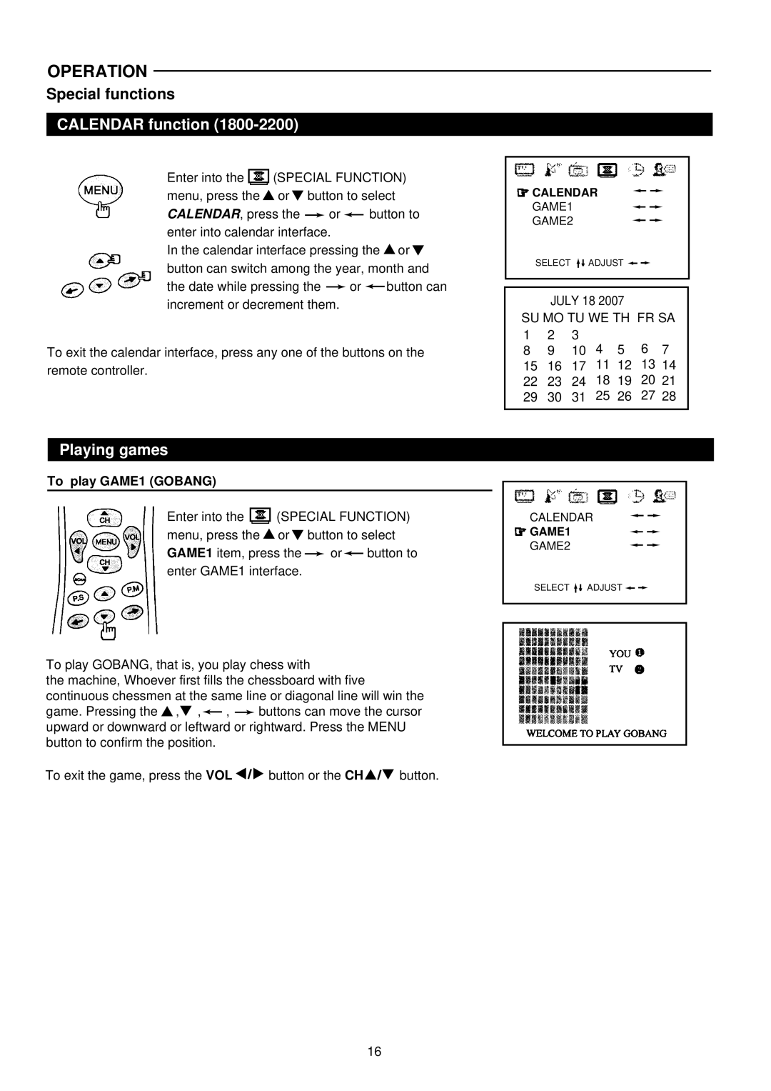 Palsonic 6830G owner manual Calendar function, Playing games, To play GAME1 Gobang 