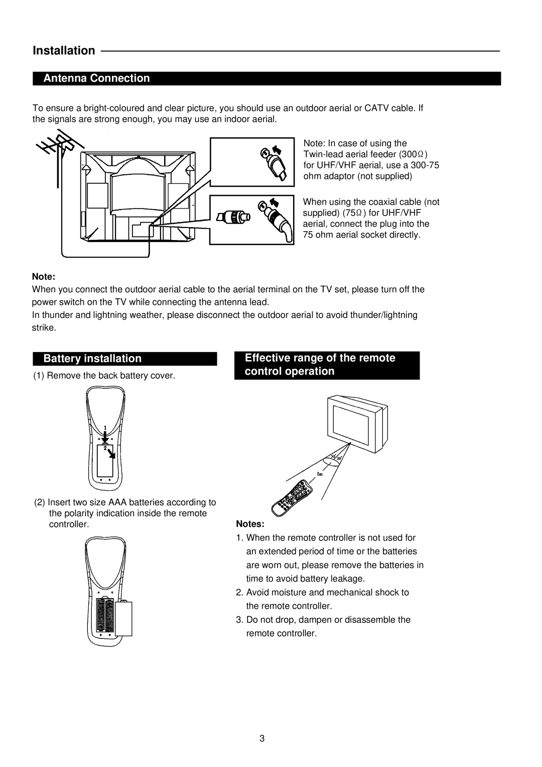 Palsonic 6830G Installation, Antenna Connection, Battery installation, Effective range of the remote control operation 