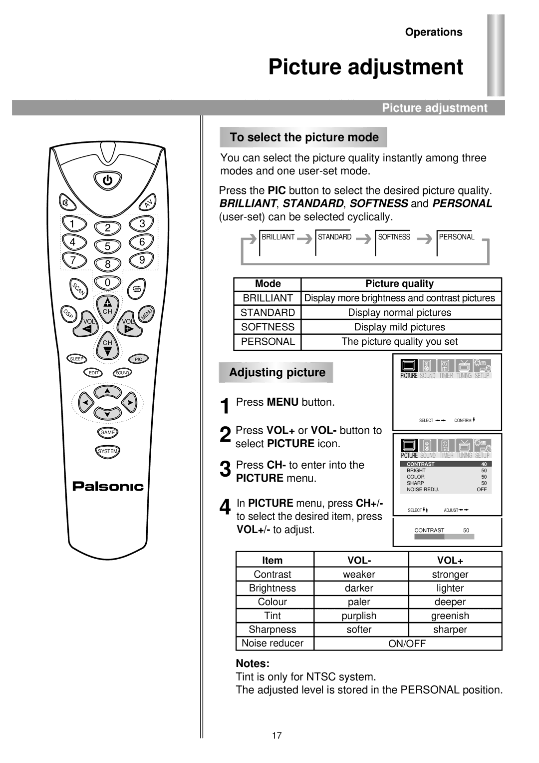 Palsonic 6830GY owner manual Picture adjustment, To select the picture mode, Adjusting picture 