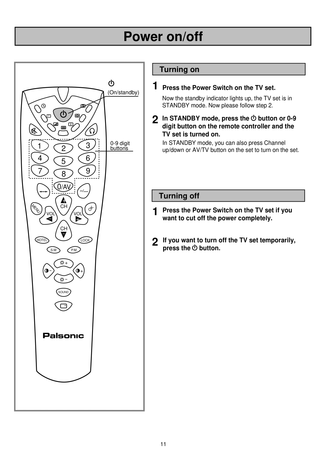 Palsonic 6830TG owner manual Power on/off, Turning on, Turning off 