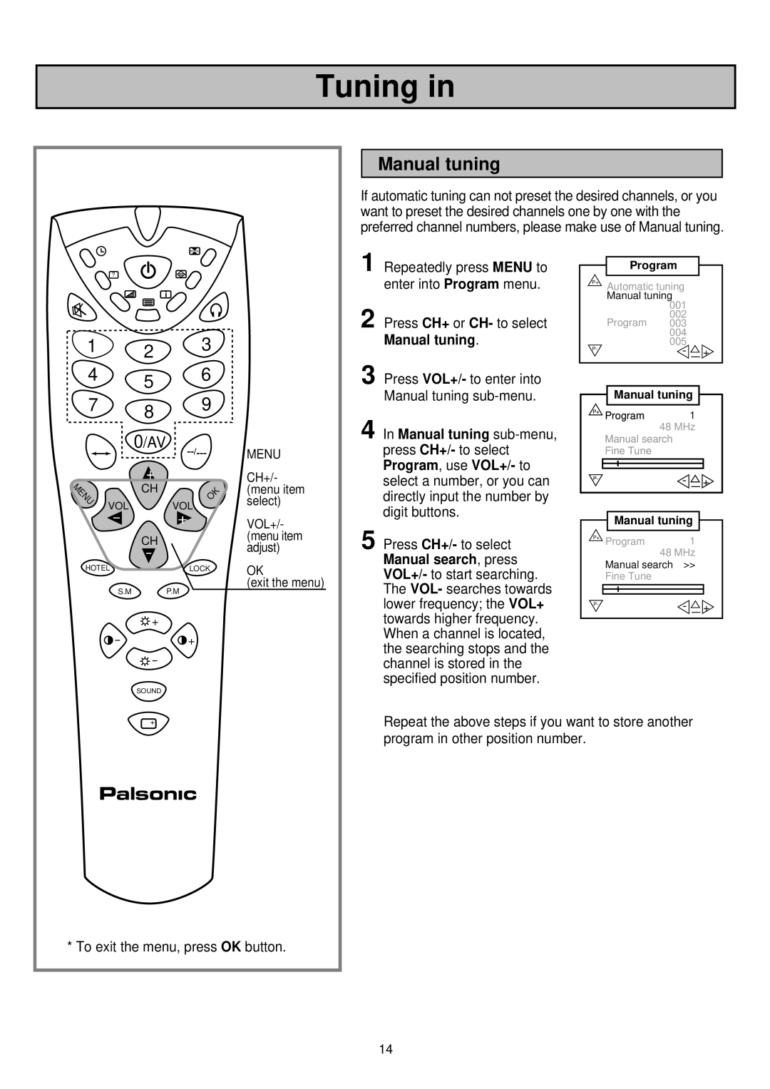 Palsonic 6830TG owner manual Manual tuning 