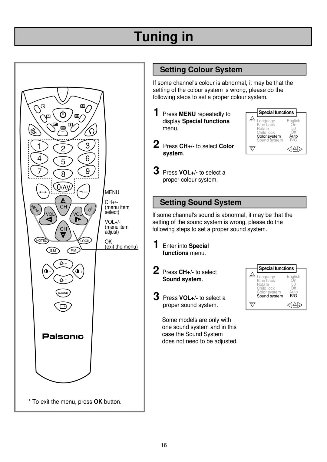 Palsonic 6830TG owner manual Setting Colour System, Setting Sound System, Functions menu 