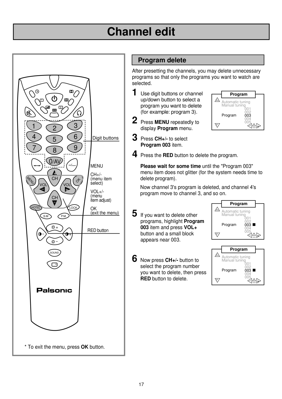 Palsonic 6830TG owner manual Channel edit, Program delete, Program 003 item 