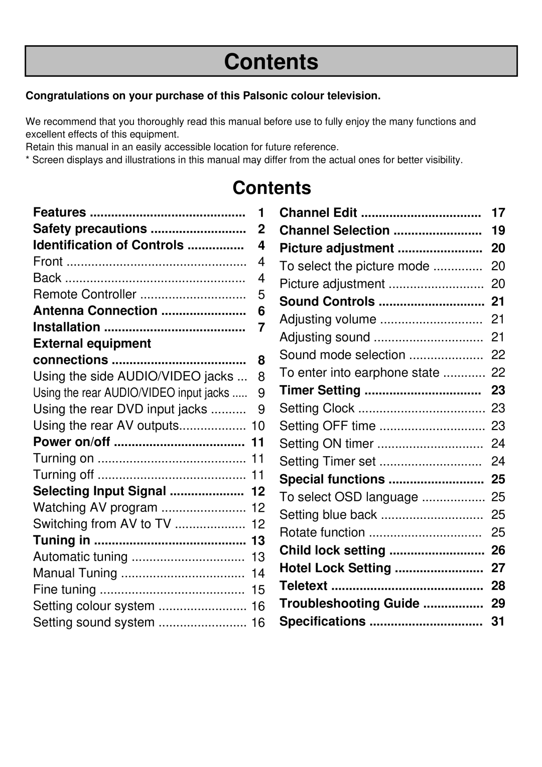 Palsonic 6830TG owner manual Contents 