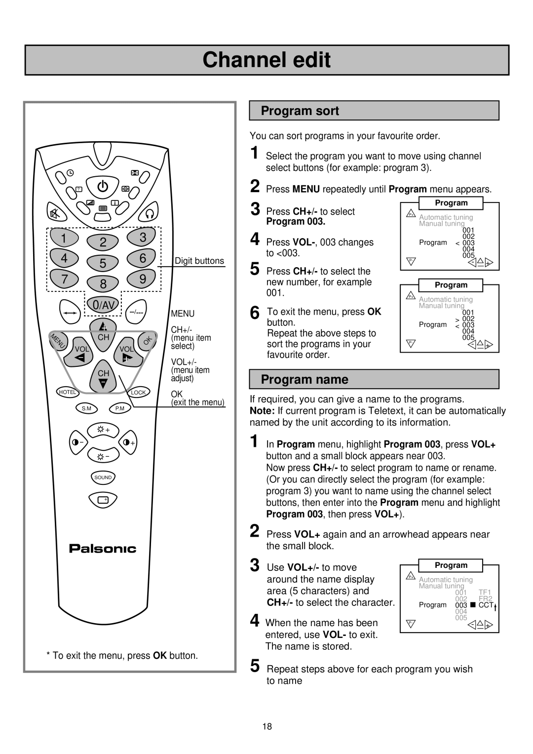 Palsonic 6830TG owner manual Program sort, Program name 