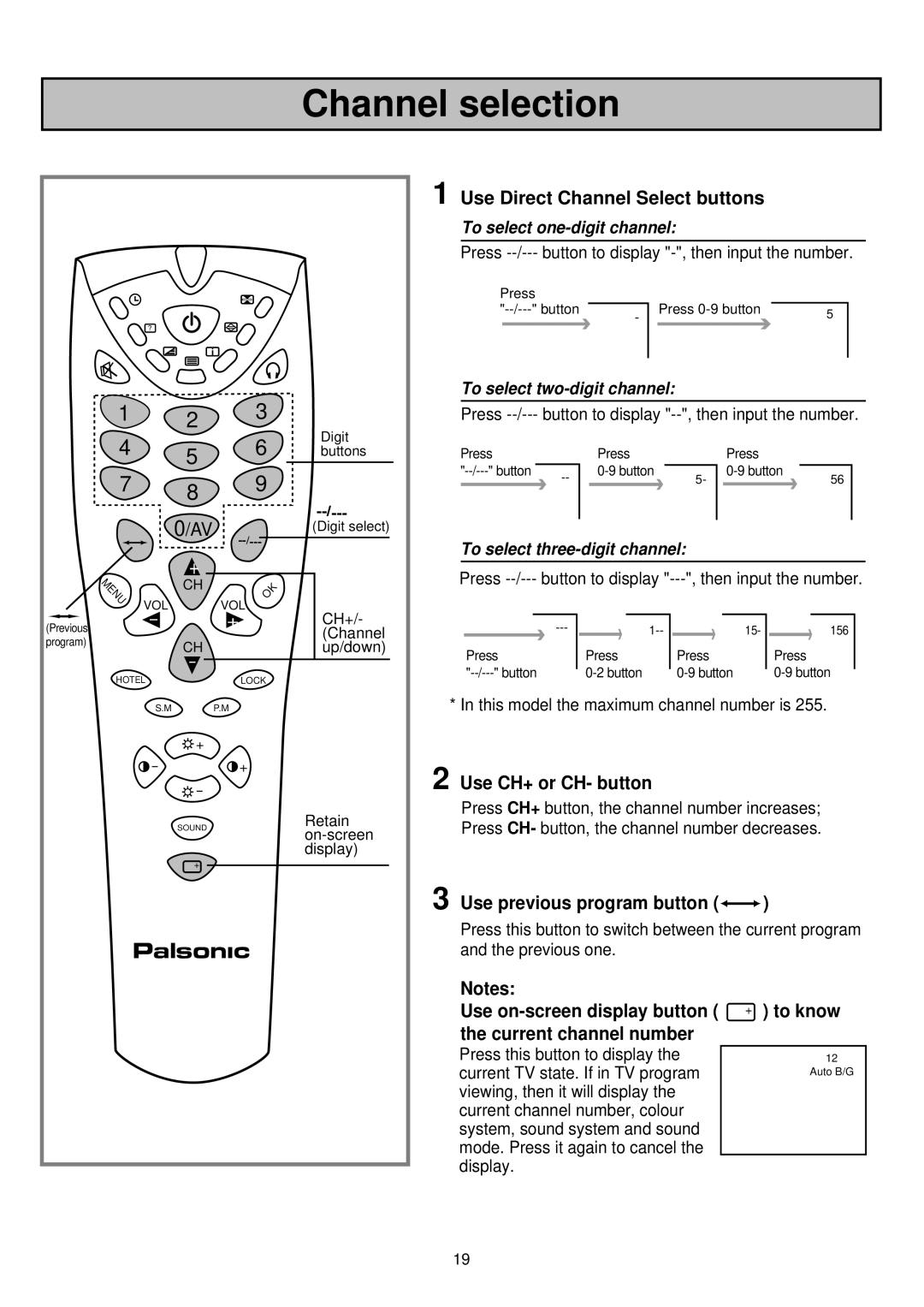 Palsonic 6830TG Channel selection, Use CH+ or CH- button, Use previous program button, Use on-screen display button 