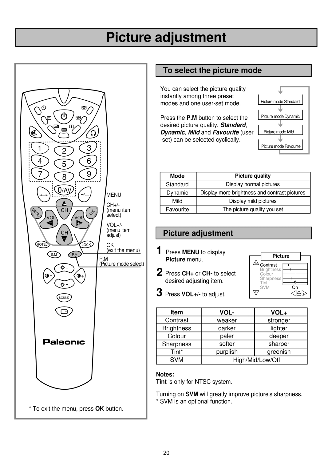 Palsonic 6830TG owner manual Picture adjustment, To select the picture mode 