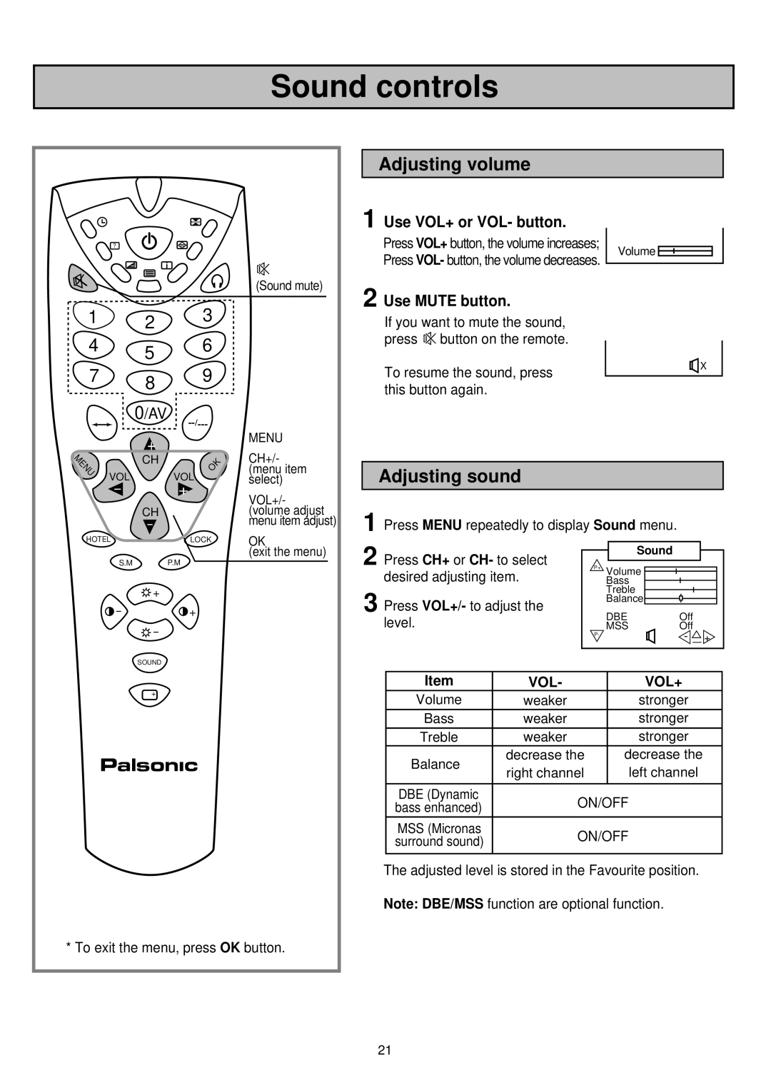 Palsonic 6830TG owner manual Sound controls, Adjusting volume, Adjusting sound 