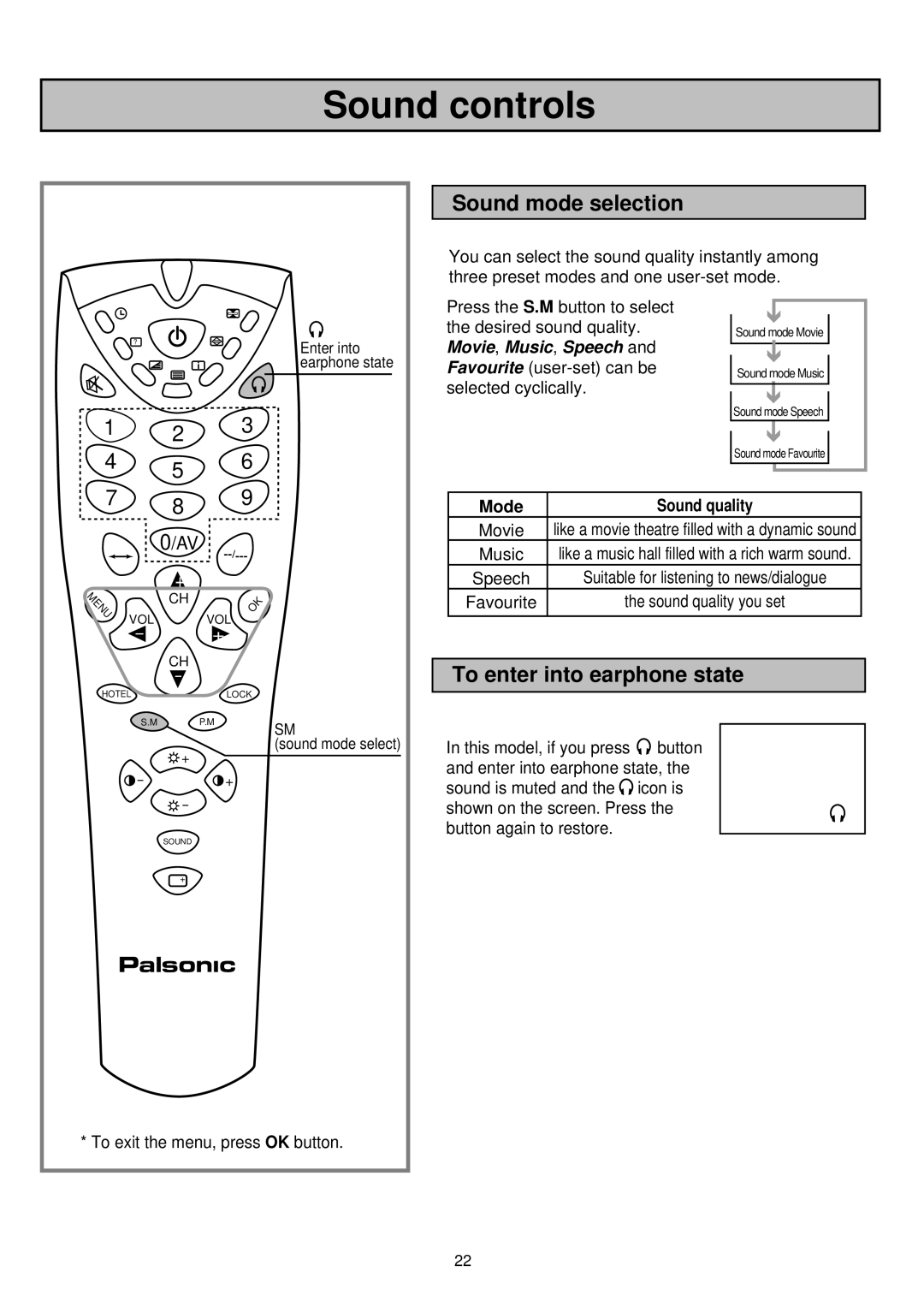 Palsonic 6830TG owner manual Sound mode selection, To enter into earphone state 