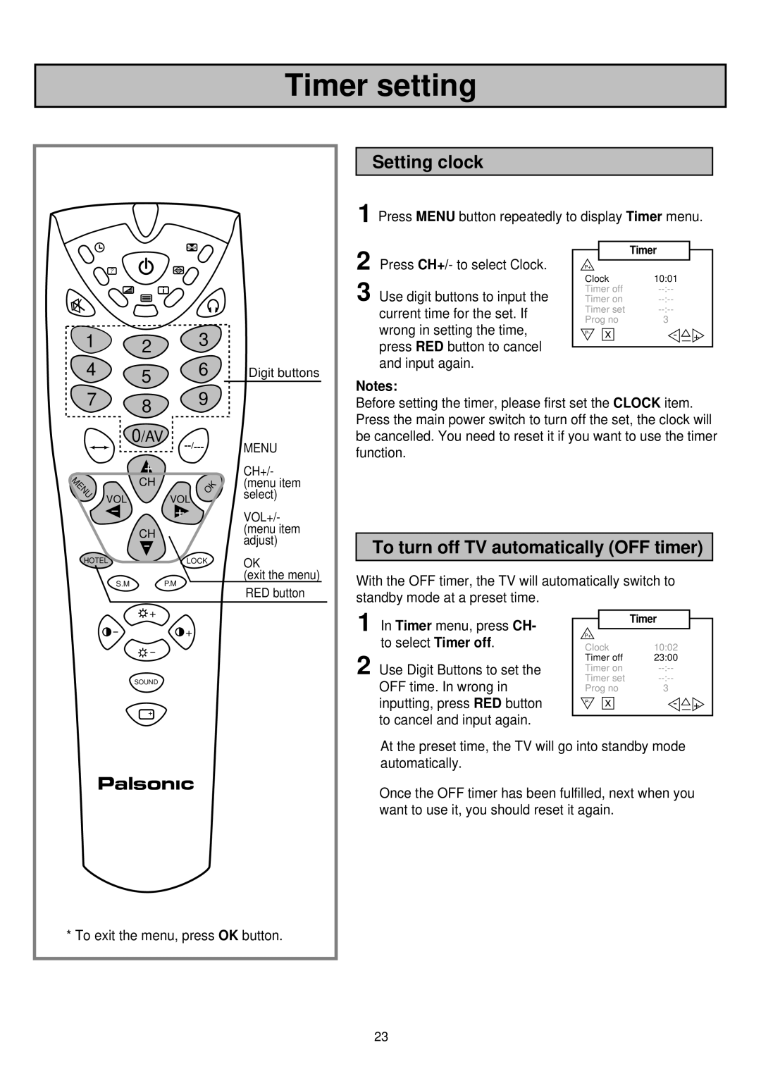 Palsonic 6830TG owner manual Timer setting, Setting clock, To turn off TV automatically OFF timer 