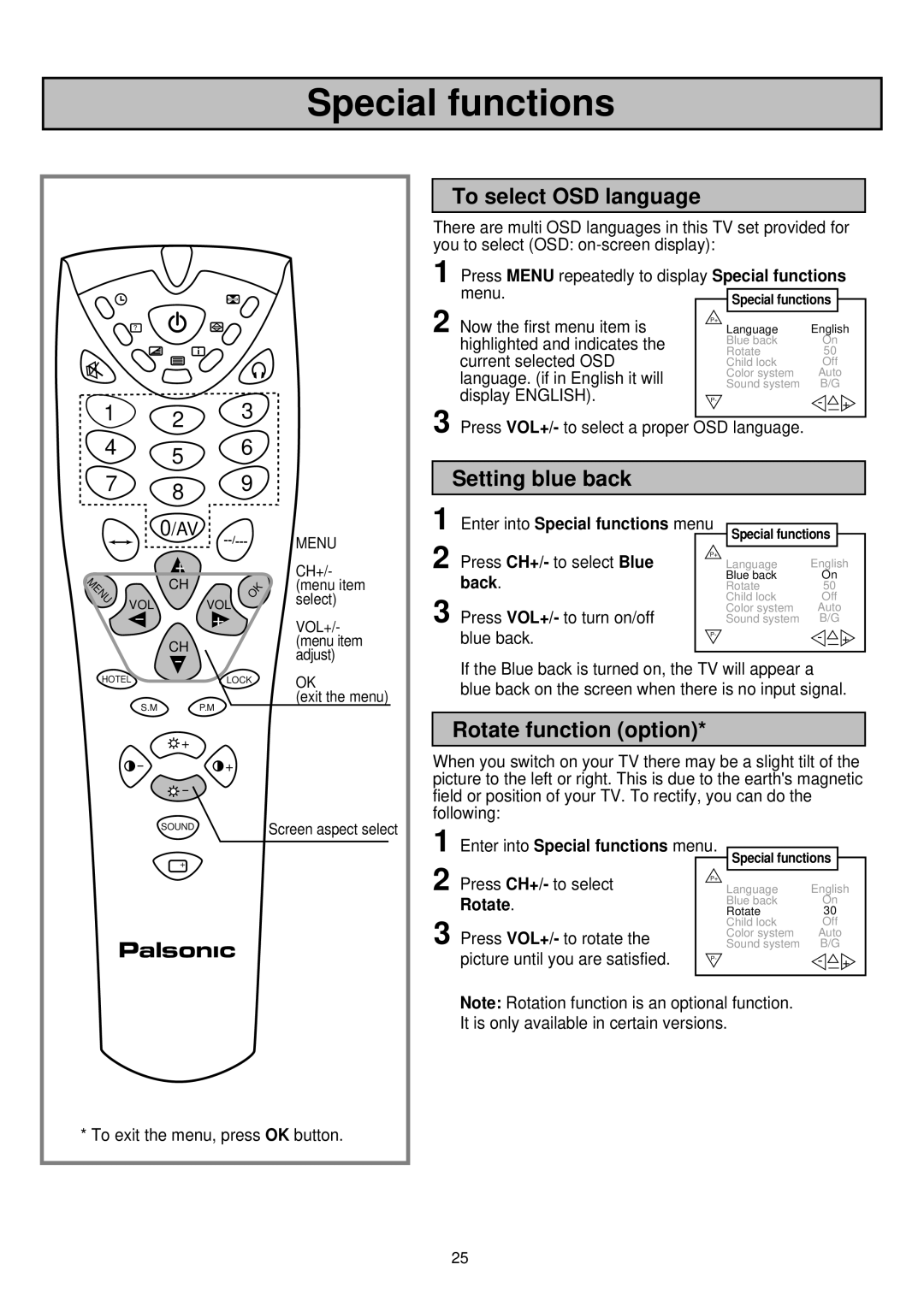 Palsonic 6830TG owner manual Special functions, To select OSD language, Setting blue back, Rotate function option 