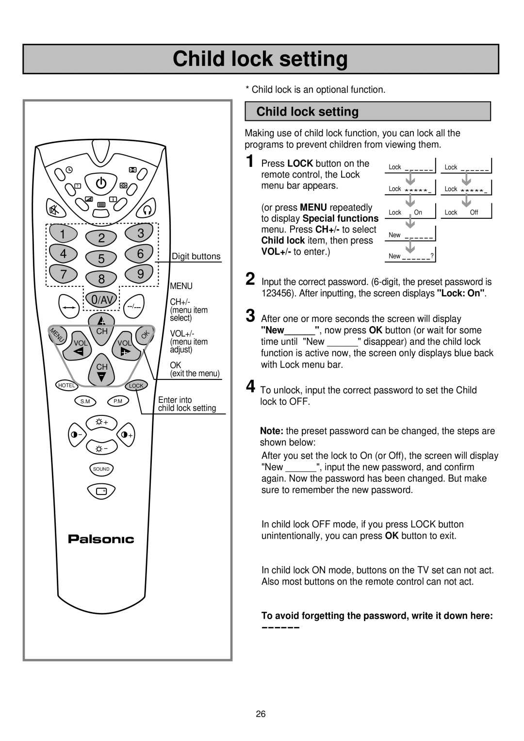 Palsonic 6830TG Child lock setting, To display Special functions, To avoid forgetting the password, write it down here 