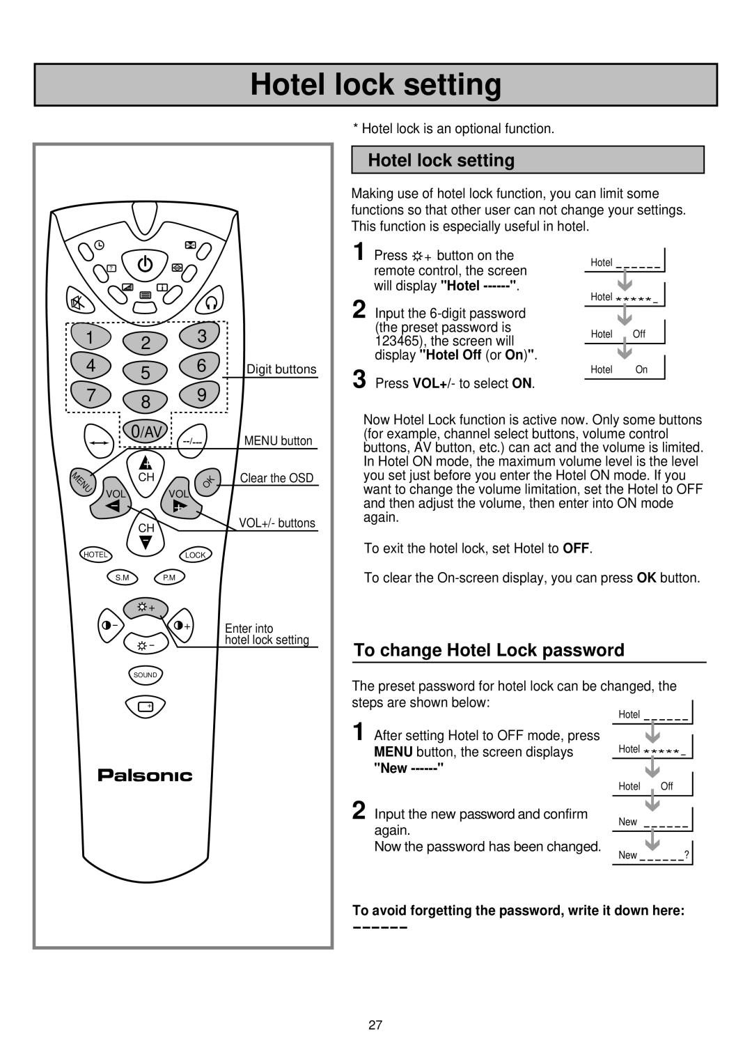 Palsonic 6830TG owner manual Hotel lock setting, To change Hotel Lock password, New 