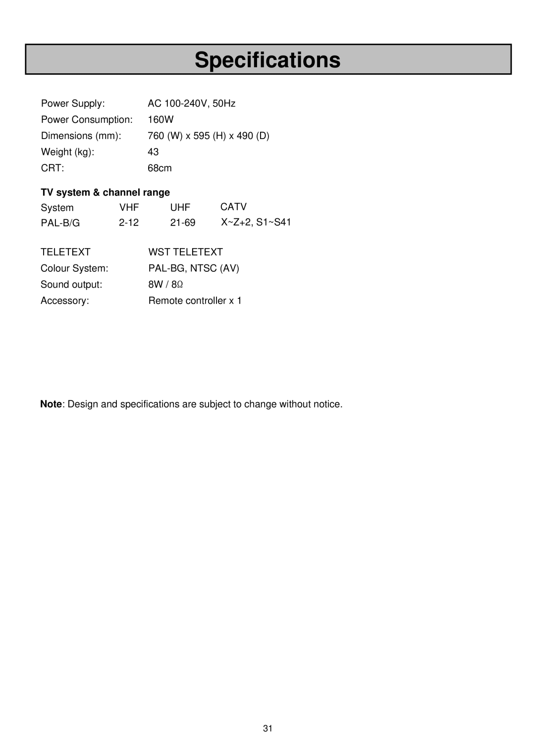 Palsonic 6830TG owner manual Specifications, TV system & channel range 