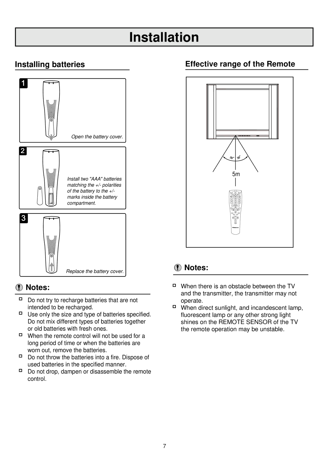 Palsonic 6830TG owner manual Installation, Installing batteries Effective range of the Remote 