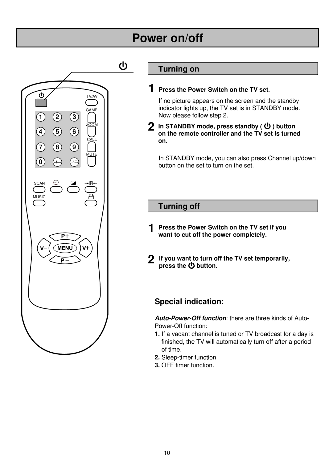 Palsonic 6835TK Power on/off, Turning on, Turning off, Special indication, Press the Power Switch on the TV set 