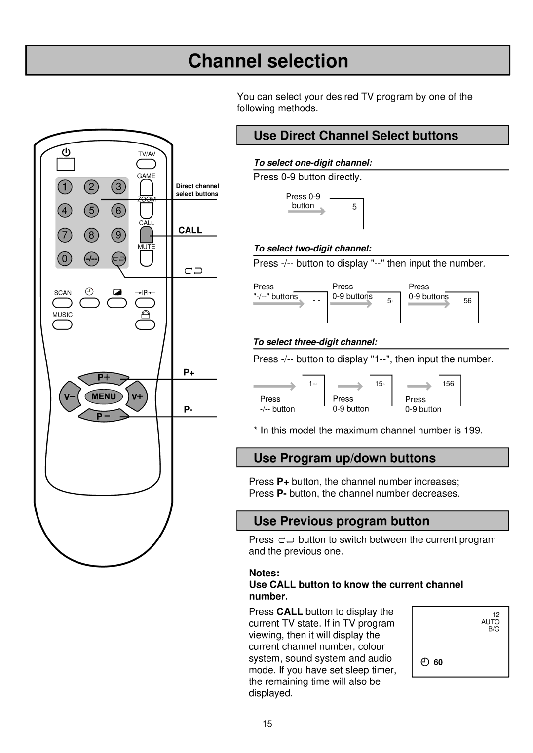 Palsonic 6835TK owner manual Channel selection, Use Direct Channel Select buttons, Use Program up/down buttons 