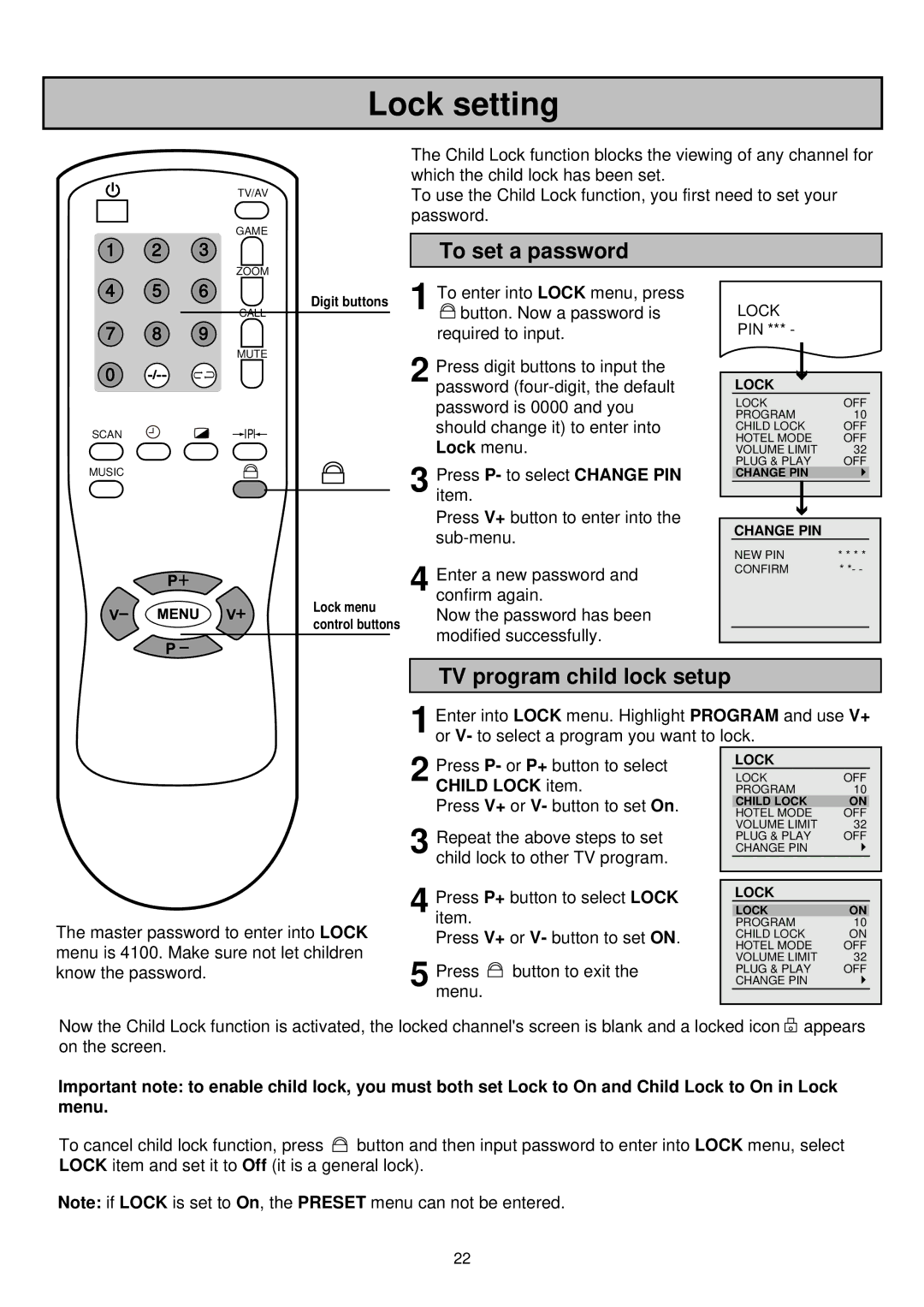 Palsonic 6835TK owner manual Lock setting, To set a password, TV program child lock setup, Lock menu 