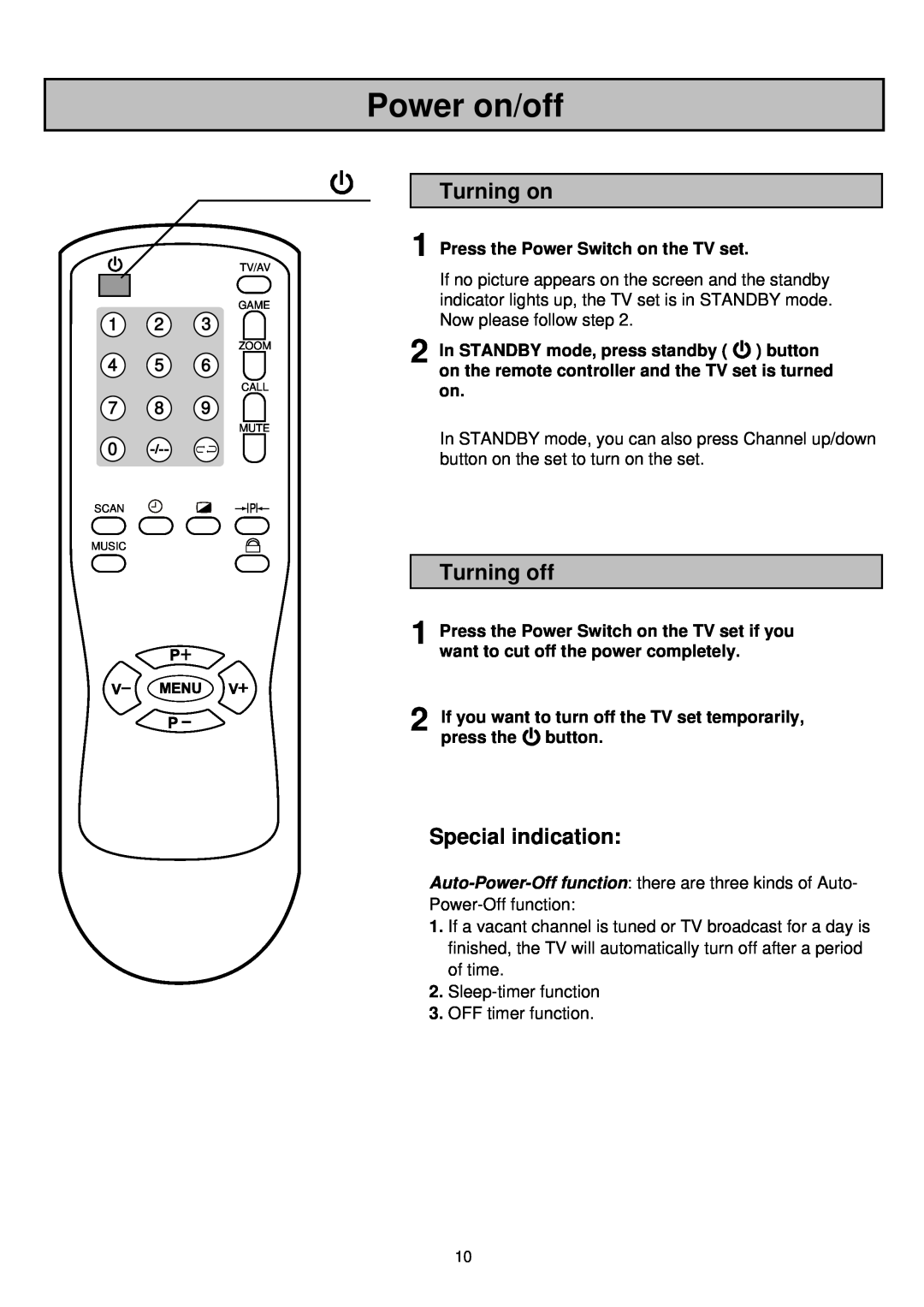 Palsonic 6835TK Power on/off, Turning on, Turning off, Special indication, Press the Power Switch on the TV set 