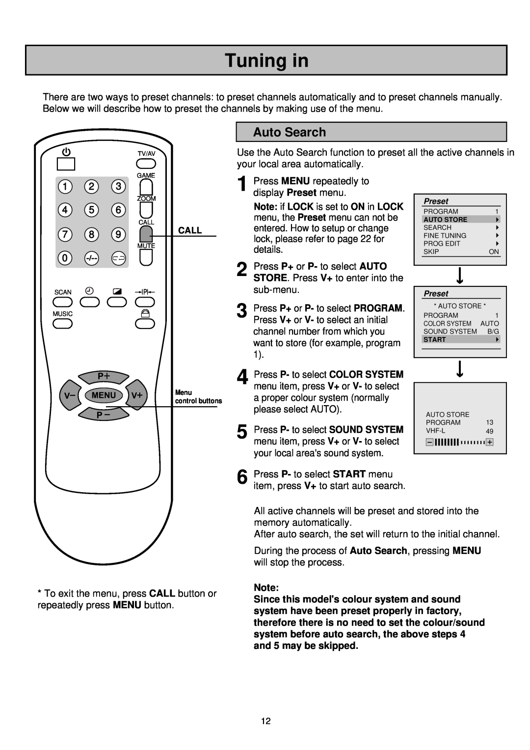 Palsonic 6835TK owner manual Tuning in, Auto Search, Note if LOCK is set to ON in LOCK 