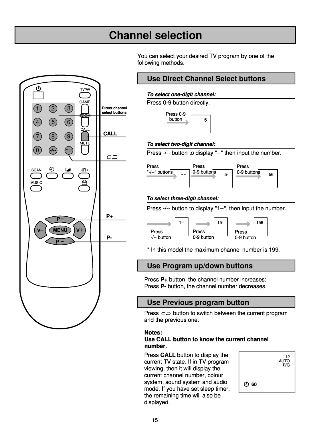 Palsonic 6835TK owner manual Channel selection, Use Direct Channel Select buttons, Use Program up/down buttons 