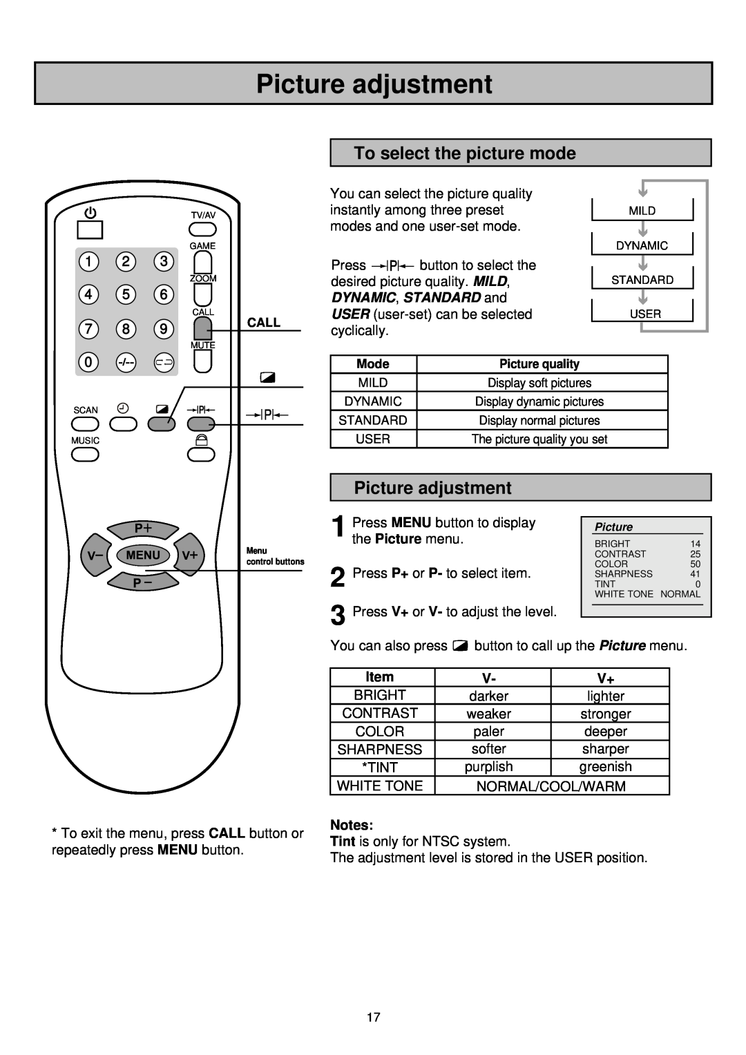 Palsonic 6835TK owner manual Picture adjustment, To select the picture mode, DYNAMIC, STANDARD and 