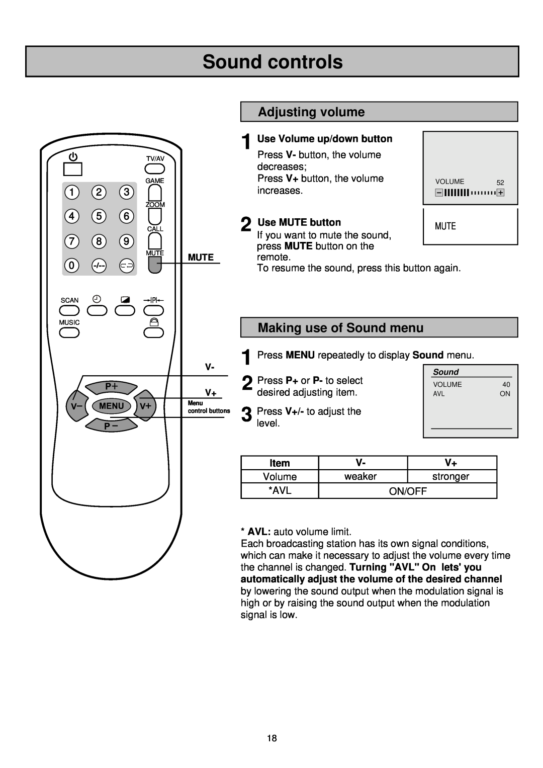 Palsonic 6835TK Sound controls, Adjusting volume, Making use of Sound menu, Use Volume up/down button, Use MUTE button 