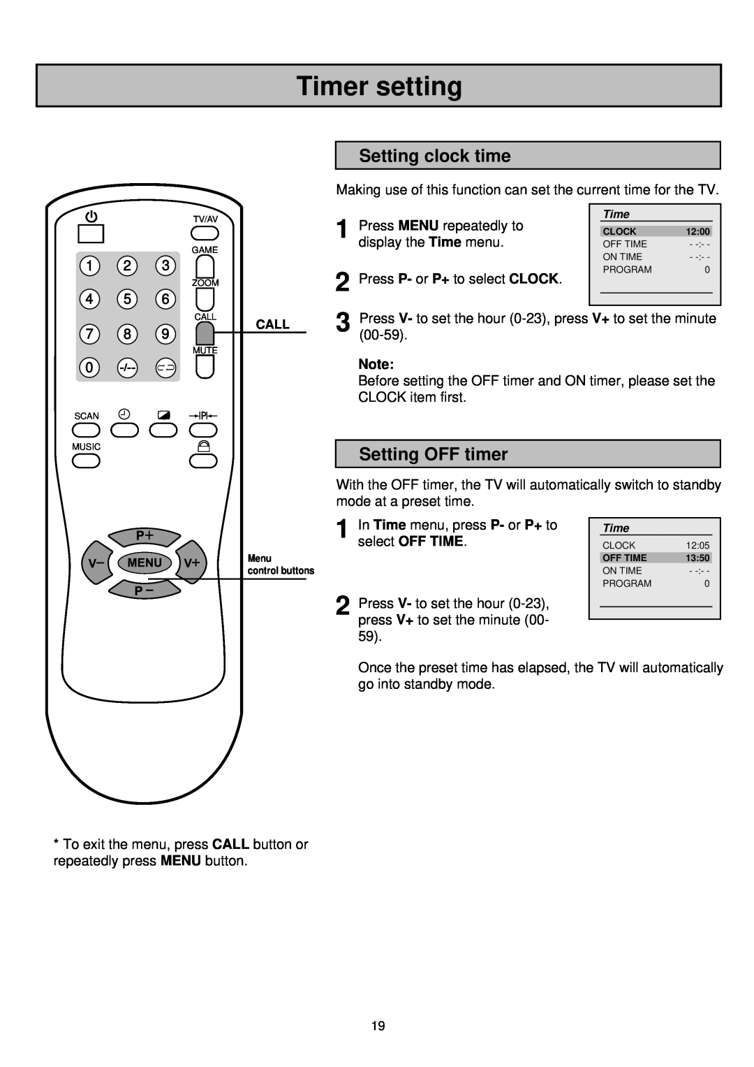 Palsonic 6835TK owner manual Timer setting, Setting clock time, Setting OFF timer 