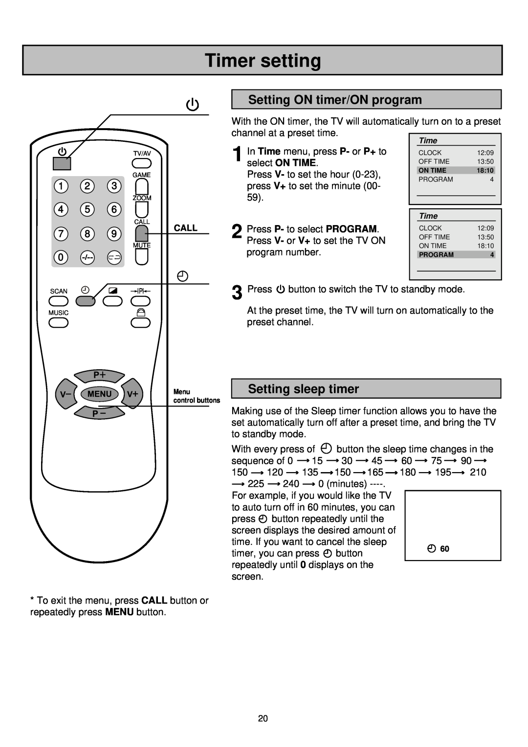 Palsonic 6835TK owner manual Setting ON timer/ON program, Setting sleep timer, Timer setting 