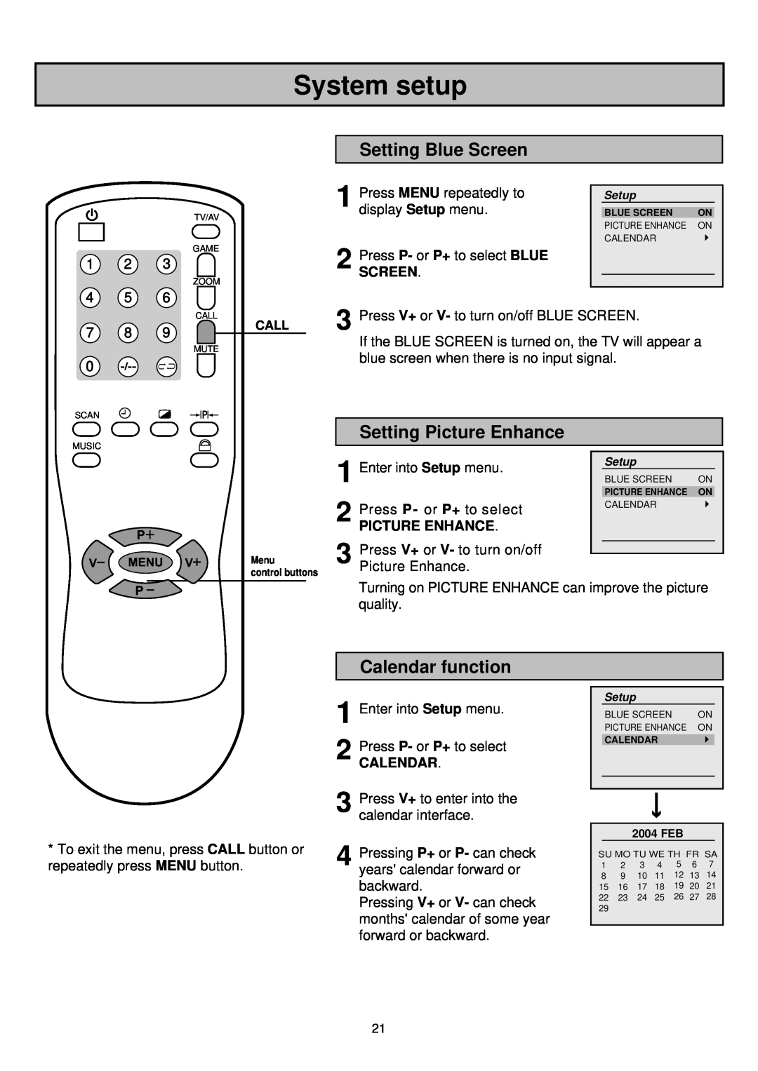 Palsonic 6835TK owner manual System setup, Setting Blue Screen, Setting Picture Enhance, Calendar function 