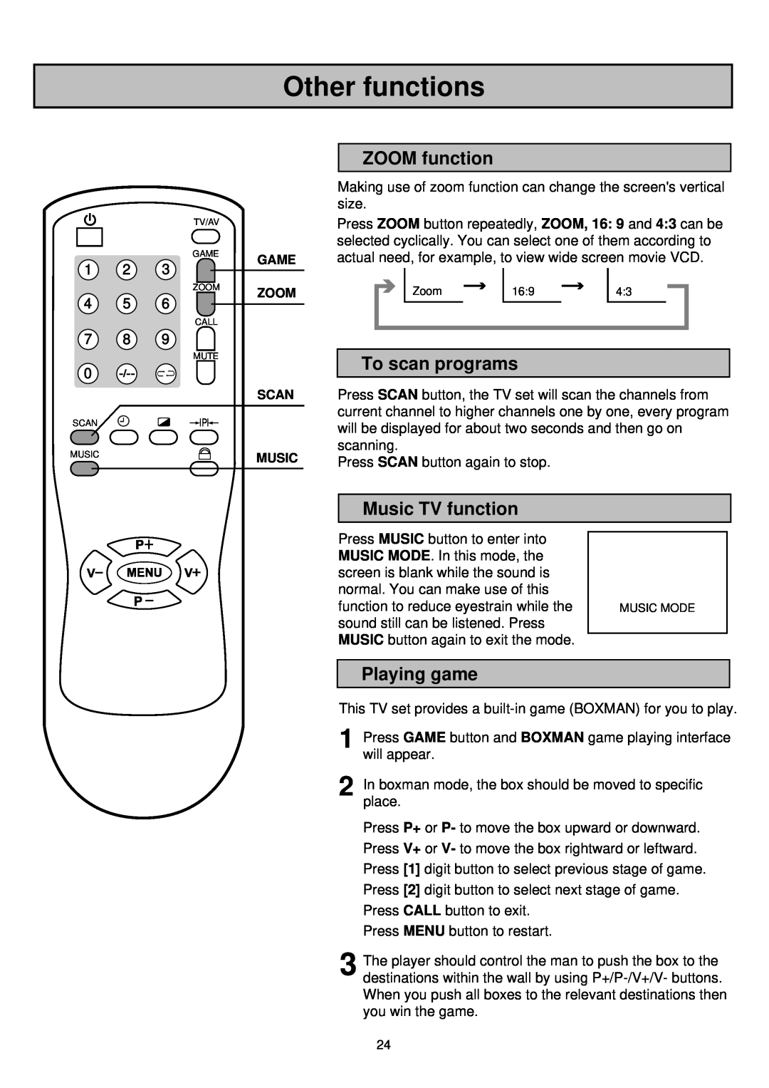Palsonic 6835TK owner manual Other functions, ZOOM function, To scan programs, Music TV function, Playing game 
