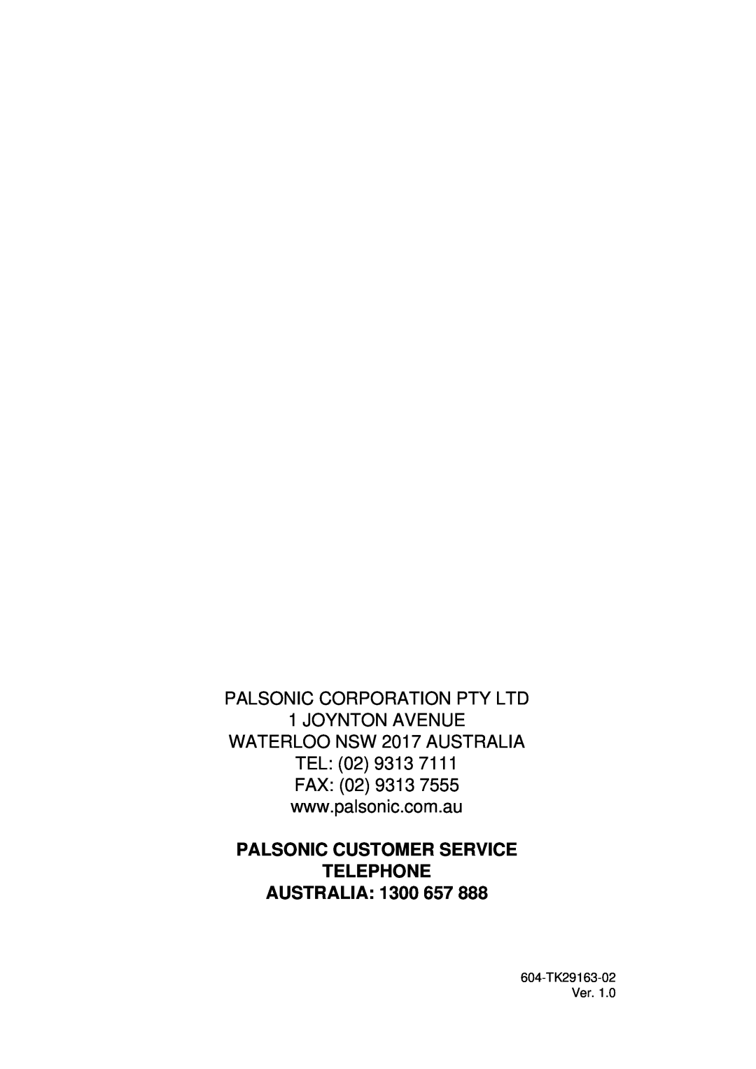 Palsonic 6835TK owner manual PALSONIC CUSTOMER SERVICE TELEPHONE AUSTRALIA 1300 657 