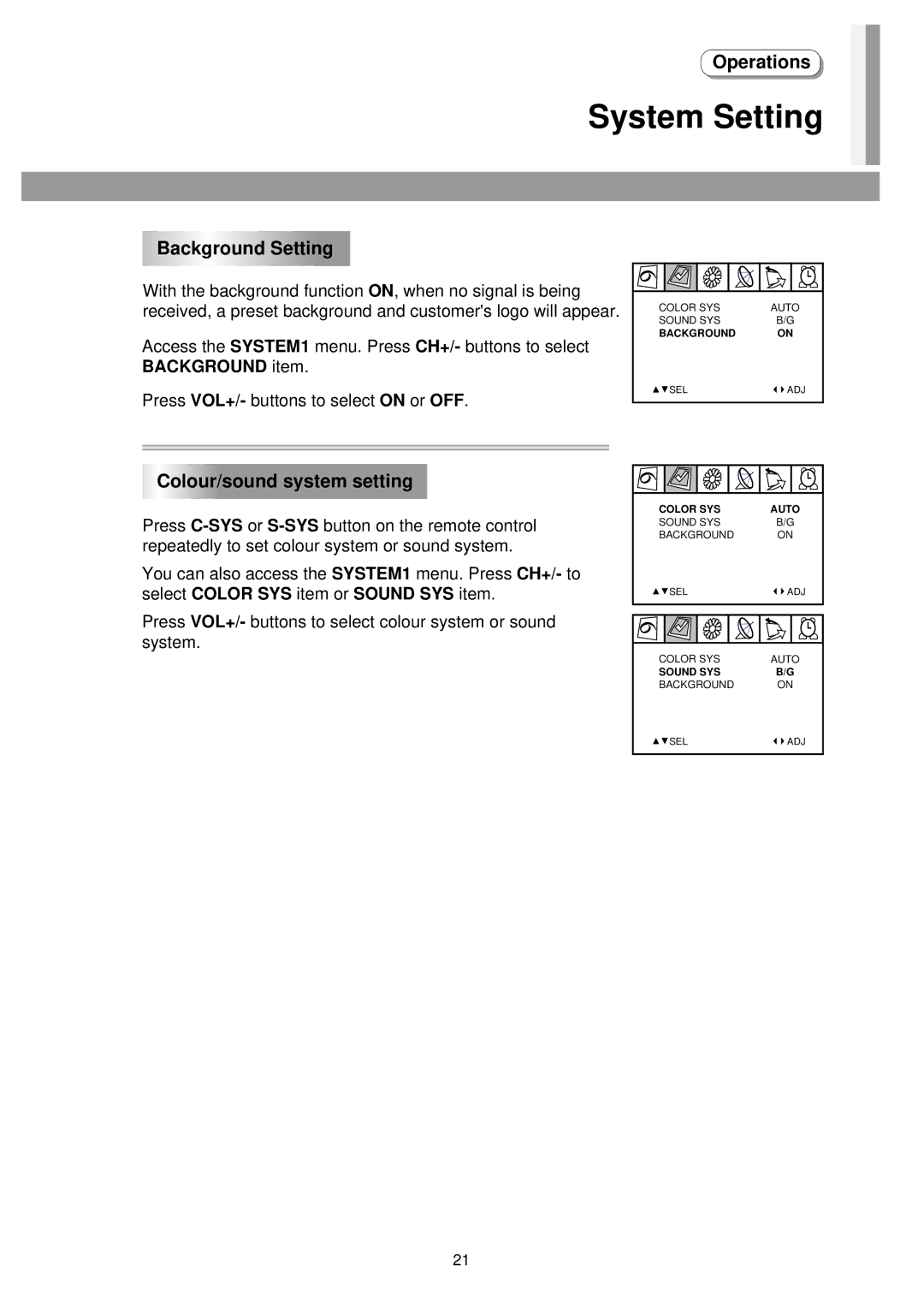 Palsonic 6840TS owner manual System Setting, Background Setting, Colour/sound system setting 