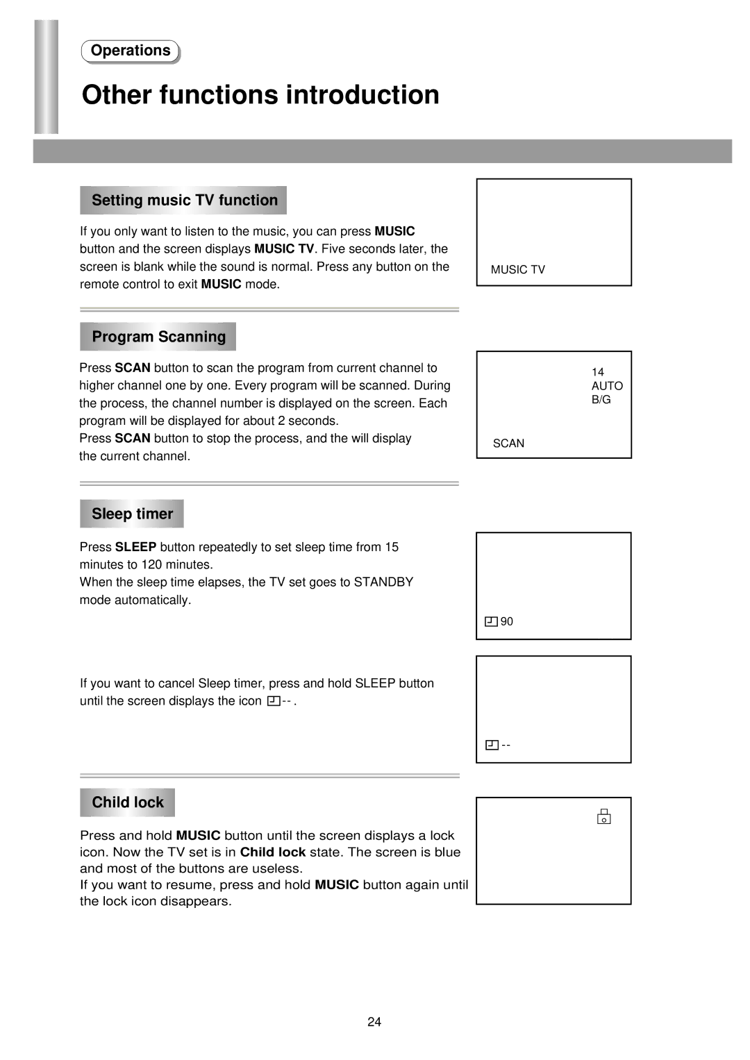 Palsonic 6840TS owner manual Setting music TV function, Program Scanning, Sleep timer, Child lock 